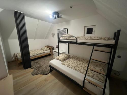 a room with three bunk beds in a room at The Alpine Poolhouse in Trnovo