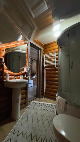 a bathroom with a sink and a mirror at Готель Кумир in Rivne