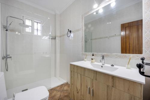 a bathroom with a sink and a shower and a toilet at Rural El Santiscal in Arcos de la Frontera