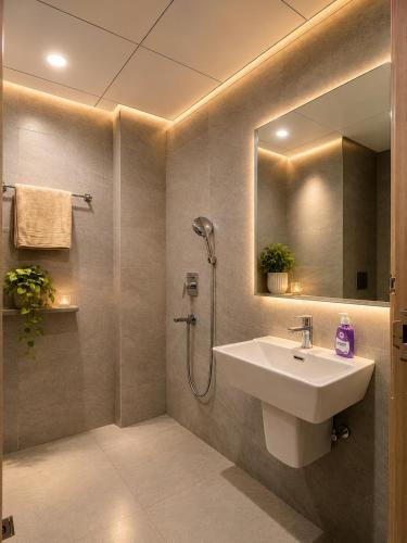 a bathroom with a sink and a shower with a mirror at The Sky cabin in Greater Noida