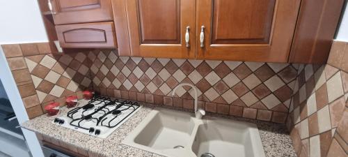 a kitchen counter with a stove and a sink at Sa Omu de S'Olia in Tertenìa