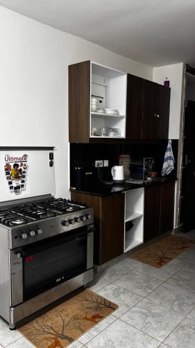 a kitchen with a stove and wooden cabinets at Authentic Galore in Ongata Rongai 