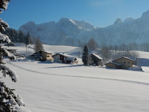 a snow covered field with houses and mountains in the background at Unterwötzlhof in Abtenau