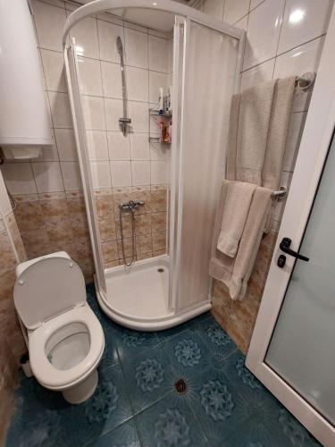 a bathroom with a shower and a toilet in it at Tsvetanov Apartment in Blagoevgrad