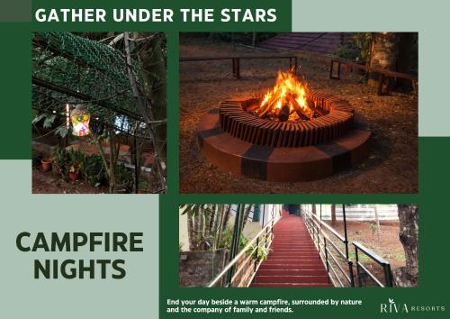 a collage of pictures of a fire pit at Riva Resorts in Vythiri