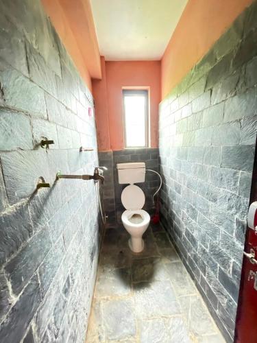 a bathroom with a toilet in a brick wall at Hilltop Horizon Hotel in Bandipur