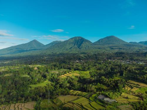 an aerial view of a valley with mountains in the background at Pondok Nyoman Bedugul by AGATA in Bedugul