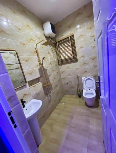 a bathroom with a sink and a toilet at St Kora Apartment and Shortlets in Asaba