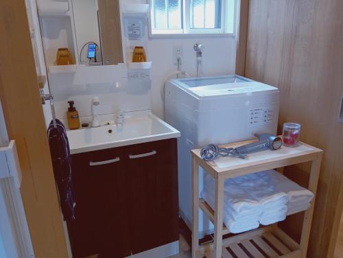 a bathroom with a sink and a washing machine at Villa ANOTONA No 1 in Fujikawaguchiko