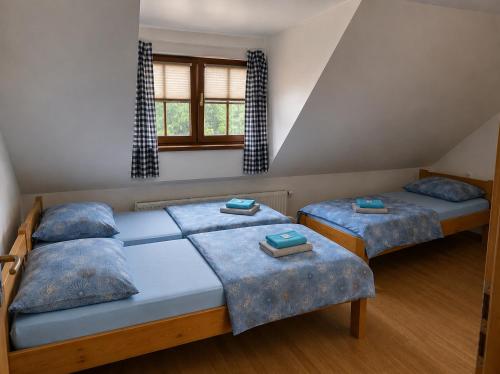 a bedroom with two beds and a window at Apartmán Alva 3 in Mikulov