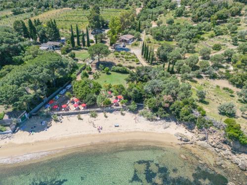 an aerial view of a beach with umbrellas at Agriturismo Galenzana in Marina di Campo