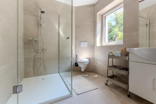 a bathroom with a shower and a toilet at Hakuna Rooftop Penthouse Wachau in Spitz