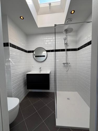 a bathroom with a shower and a sink and a toilet at Sea Cottage in Westerland