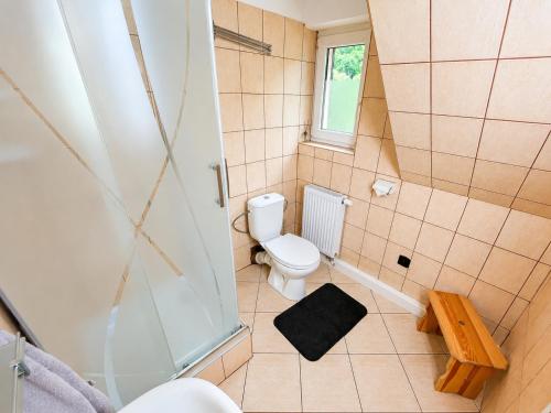 a small bathroom with a toilet and a shower at Chata u pltníka Paľka in Podbiel