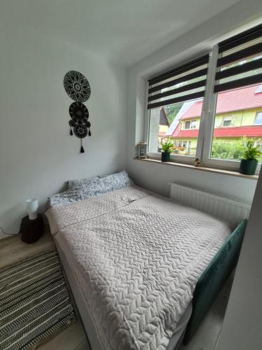 a bedroom with a bed and a window at Sowi Zakątek in Jugów
