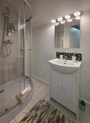 a bathroom with a sink and a shower at Agroturystyka Staroscin in Rzepin