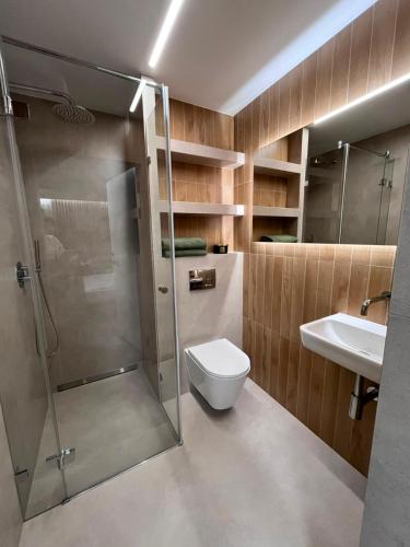a bathroom with a shower and a toilet and a sink at No 11 Residence in Krynica Morska