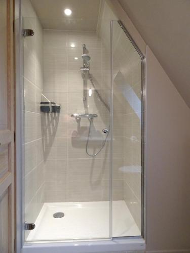 a shower with a glass door in a bathroom at Gîte Falafa Normand in Pont-lʼÉvêque
