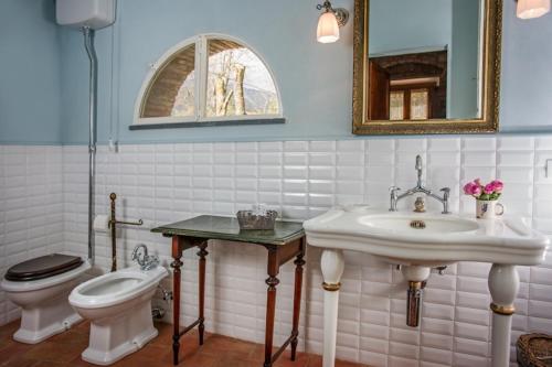 a bathroom with a sink and a toilet and a mirror at il MOLENDINO in Calci