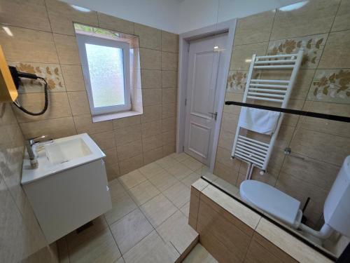a bathroom with a sink and a toilet and a window at Urban Nest in Călimăneşti