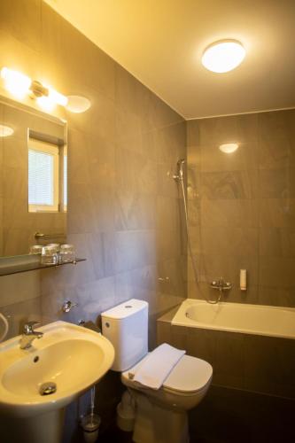 a bathroom with a sink and a toilet and a tub at Hotel PAYER in Teplice