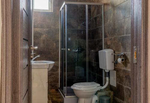 a bathroom with a toilet and a shower and a sink at Crystalapartmanhaz in Gyula