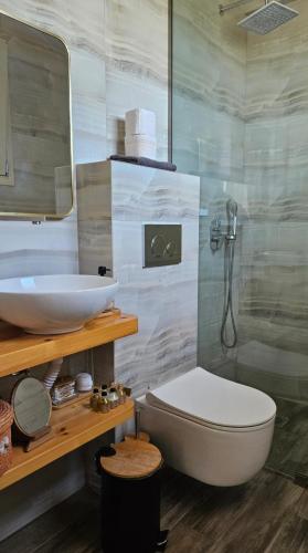 a bathroom with a sink and a toilet and a shower at Marivar living in Nea Fokea