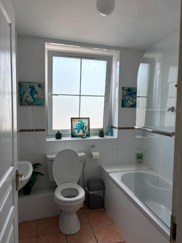 a bathroom with a toilet and a tub and a window at Avondale Apartment Lahinch in Lahinch