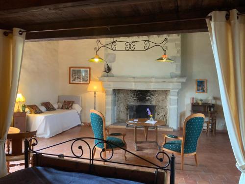 a living room with a bed and a fireplace at Château de Mézerville in Mézerville