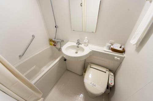 a bathroom with a toilet and a sink and a mirror at Rhino Hotel Kyoto in Kyoto