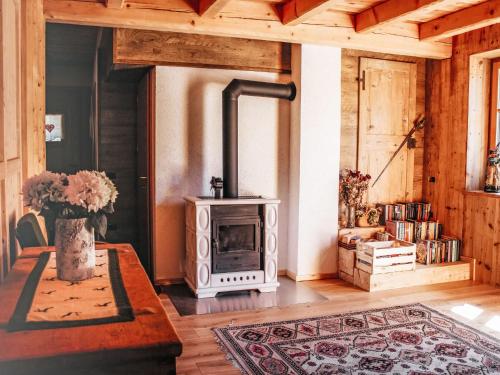 a living room with a wood stove in a room at by Interhome in Bedollo