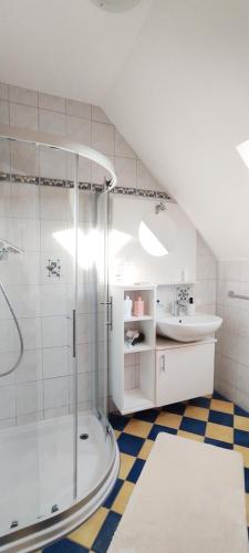 a bathroom with a shower and a sink at Bed&Breakfast AmWeinberg in Gamlitz