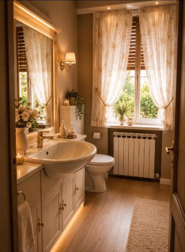 a bathroom with a sink and a toilet and windows at Da Leo & Mia in Modena