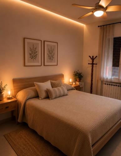 a bedroom with a large bed with a ceiling fan at Da Leo & Mia in Modena