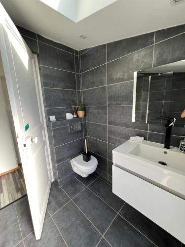 a bathroom with a toilet and a sink at Plage 200m in Saint-Cyr-sur-Mer