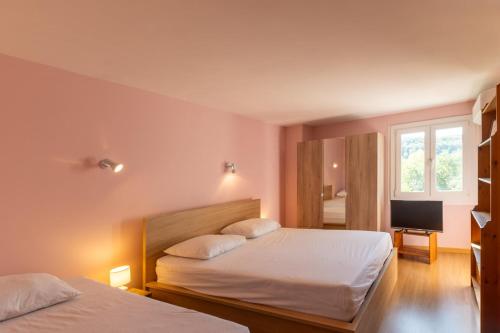 a bedroom with two beds and a window and a television at "Chez Jean" à Ruoms in Ruoms
