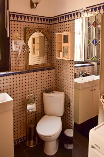 a bathroom with a toilet and a sink and a mirror at Dar Rania in Tangier