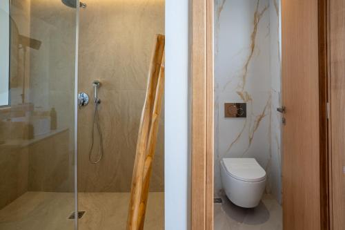a bathroom with a toilet and a glass shower at Akanthus Pirgos Bay in Malia