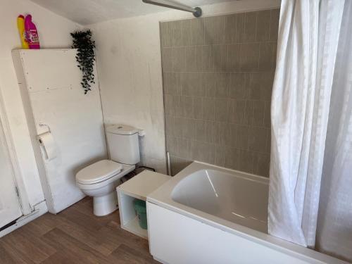 a bathroom with a toilet and a bath tub at 86 Watling in Gillingham