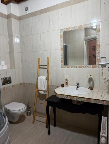 a bathroom with a sink and a toilet and a mirror at Kompleks Detlafówka in Dębki