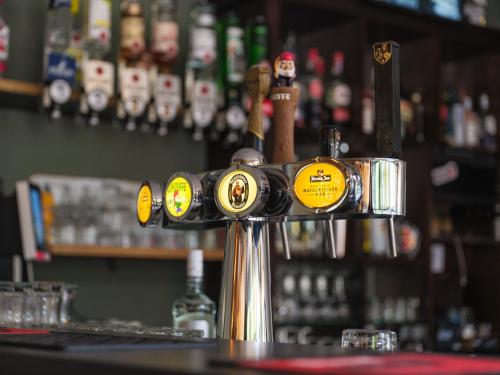 a bar with a counter with alcohol bottles at Vakantiepark 't Strandheem in Opende