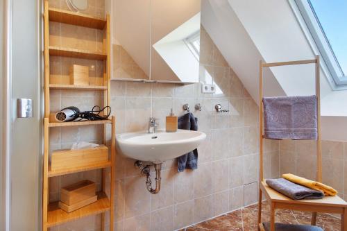 a bathroom with a sink and a mirror at Villa Wiese Störtebecker in Katzow