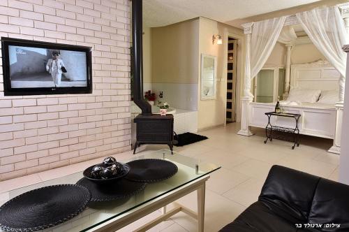 a living room with a tv on a brick wall at סיקרט נס ספא in Had Nes