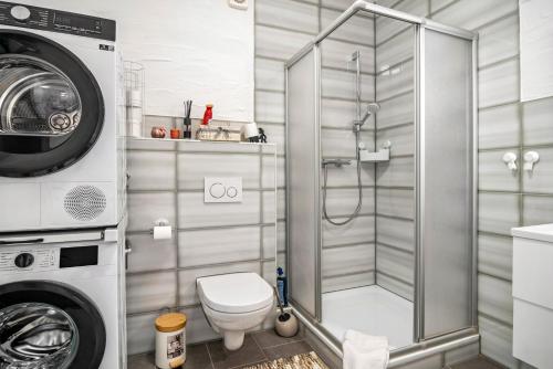 a shower stall in a bathroom with a washing machine at Danma Ferienwohnung Apartment Eifel in Laubach