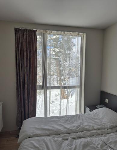 a bedroom with a bed and a large window at Fughuro cottage in Bakuriani