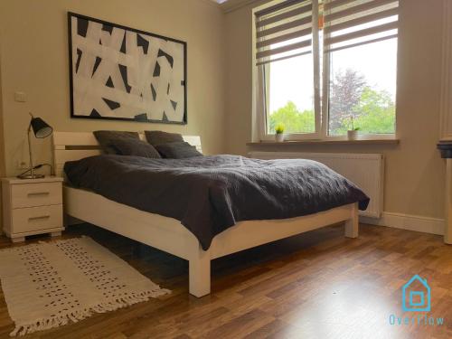 a bedroom with a large bed and a window at NaWypasie Apartment with Sauna Beautiful Garden SUP Board and Just 30 Minutes from Gdańsk and Gdynia in Szemud