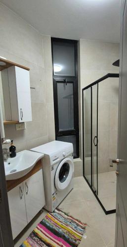 a bathroom with a washing machine and a sink at Fughuro cottage in Bakuriani