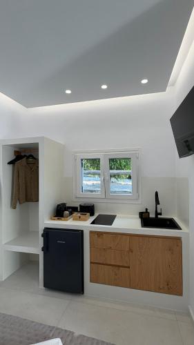a kitchen with a sink and a stove and two windows at Naxian Roots in Galini