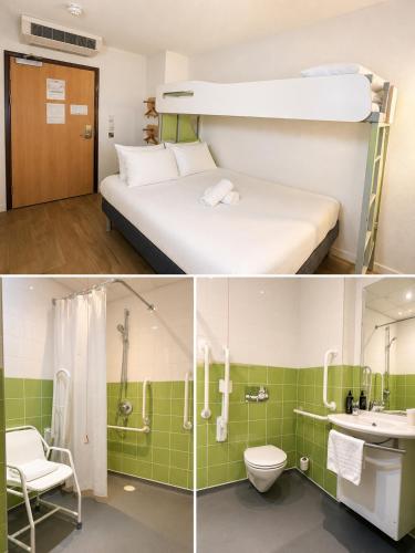 a hotel room with a bed and a bathroom at ibis budget Leeds Centre Royal Armouries Museum in Leeds