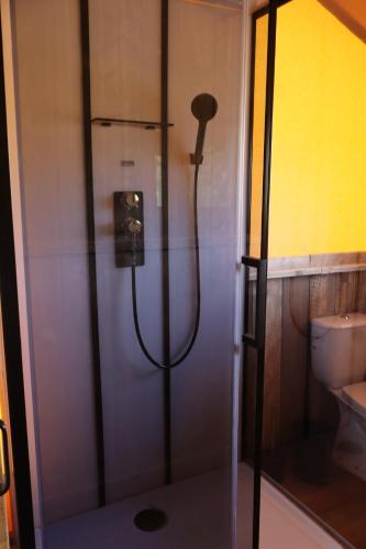 a shower stall in a bathroom with a toilet at Lodge in de Ijsmolenhoeve in Ronse